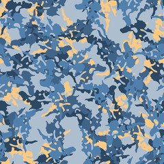 Urban UFO camouflage of various shades of blue and orange colors