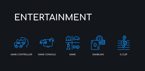 Fototapeta premium 5 outline stroke blue g clef, gambling, game, game console, game controller icons from entertainment collection on black background. line editable linear thin icons.