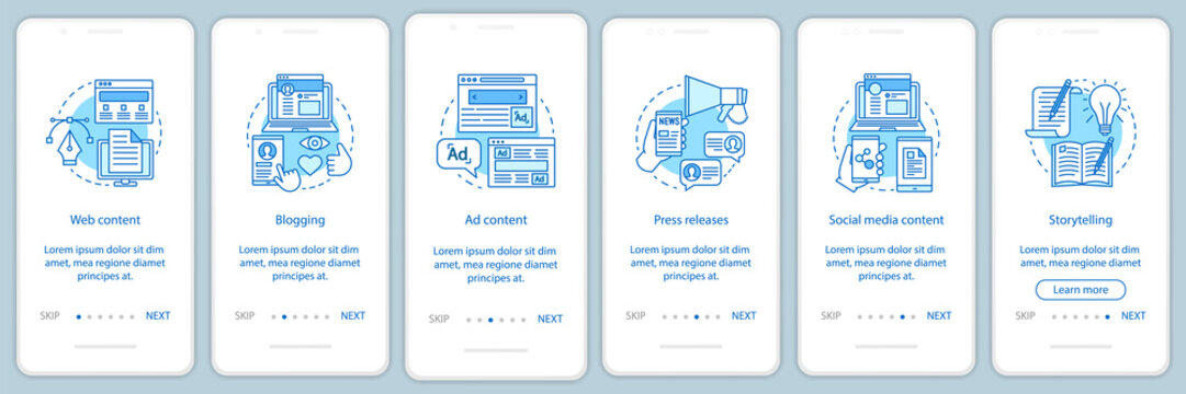 Blogging business onboarding mobile app page screen vector templ
