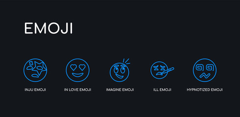 Fototapeta na wymiar 5 outline stroke blue hypnotized emoji, ill emoji, imagine emoji, in love inju icons from collection on black background. line editable linear thin icons.