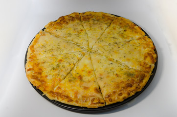 A cheese pizza on white background