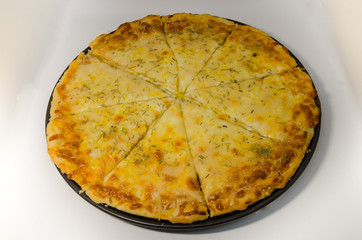 A cheese pizza on white background