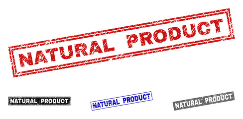 Grunge NATURAL PRODUCT rectangle stamp seals isolated on a white background. Rectangular seals with distress texture in red, blue, black and gray colors.