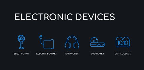 5 outline stroke blue digital clock, dvd player, earphones, electric blanket, electric fan icons from electronic devices collection on black background. line editable linear thin icons.