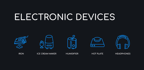 5 outline stroke blue headphones, hot plate, humidifier, ice cream maker, iron icons from electronic devices collection on black background. line editable linear thin icons.