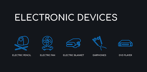 5 outline stroke blue dvd player, earphones, electric blanket, electric fan, electric pencil sharpener icons from electronic devices collection on black background. line editable linear thin icons.