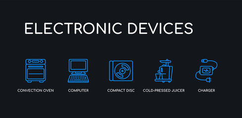 5 outline stroke blue charger, cold-pressed juicer, compact disc, computer, convection oven icons from electronic devices collection on black background. line editable linear thin icons.