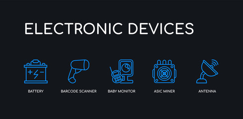 5 outline stroke blue antenna, asic miner, baby monitor, barcode scanner, battery icons from electronic devices collection on black background. line editable linear thin icons.