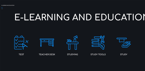 5 outline stroke blue study, study tools, studying, teacher desk, test icons from e-learning and education collection on black background. line editable linear thin icons.