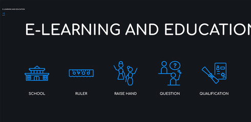 5 outline stroke blue qualification, question, raise hand, ruler, school icons from e-learning and education collection on black background. line editable linear thin icons.