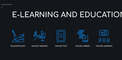 5 outline stroke blue online learning, online library, online test, training, paleontology icons from e-learning and education collection on black background. line editable linear thin icons.