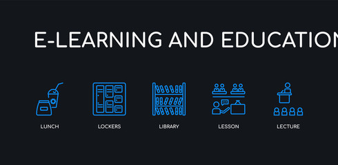 5 outline stroke blue lecture, lesson, library, lockers, lunch icons from e-learning and education collection on black background. line editable linear thin icons.