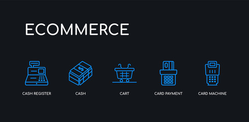 5 outline stroke blue card machine, card payment, cart, cash, cash register icons from ecommerce collection on black background. line editable linear thin icons.
