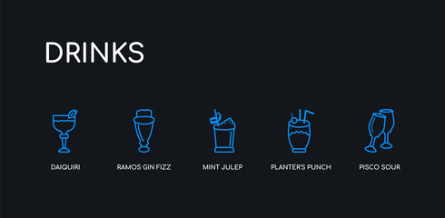 5 outline stroke blue pisco sour, planter's punch, mint julep, ramos gin fizz, daiquiri icons from drinks collection on black background. line editable linear thin icons. - obrazy, fototapety, plakaty
