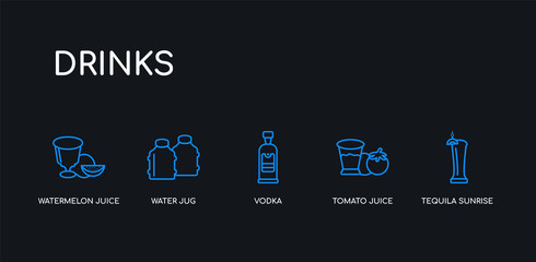 5 outline stroke blue tequila sunrise, tomato juice, vodka, water jug, watermelon juice icons from drinks collection on black background. line editable linear thin icons.
