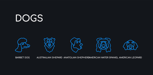 5 outline stroke blue american leopard hound dog, american water spaniel dog, anatolian shepherd dog austrailian shepard barbet icons from dogs collection on black background. line editable linear