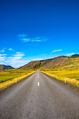 Snaefellsjoekull national park, road and Icelandic colorful and wild landscape on Iceland