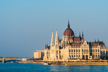 Fototapeta na wymiar Hungarian Parliament at daytime. Budapest. One of the most beautiful buildings in the Hungarian capital