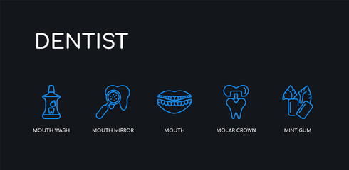 5 outline stroke blue mint gum, molar crown, mouth, mouth mirror, mouth wash icons from dentist collection on black background. line editable linear thin icons.
