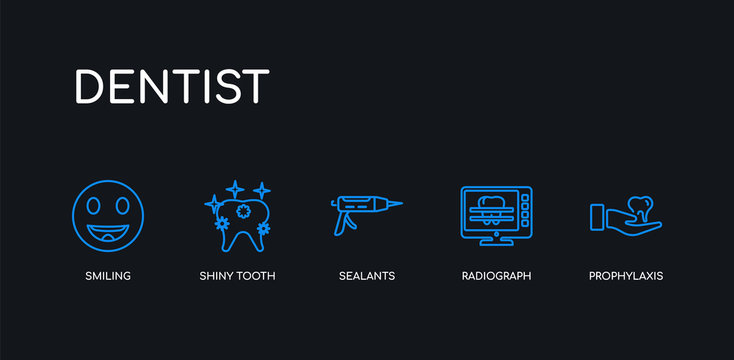 5 outline stroke blue prophylaxis, radiograph, sealants, shiny tooth, smiling icons from dentist collection on black background. line editable linear thin icons.