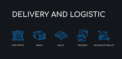 Fototapeta premium 5 outline stroke blue package on trolley, packages, pallet, parcel, post office icons from delivery and logistic collection on black background. line editable linear thin icons.