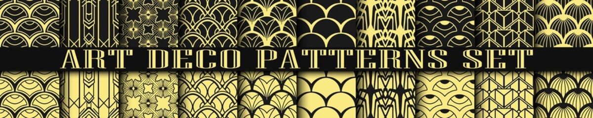 Art Deco Patterns set collection. Golden luxury backgrounds. Fan scales ornaments. Geometric decorative digital papers. Vector line design. 1920-30s motifs