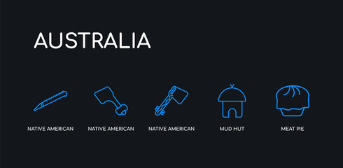 5 outline stroke blue meat pie, mud hut, native american axes, native american canoe, native american flute icons from australia collection on black background. line editable linear thin icons.
