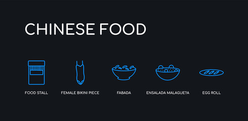 5 outline stroke blue egg roll, ensalada malague?a, fabada, female bikini piece, food stall icons from chinese food collection on black background. line editable linear thin icons.