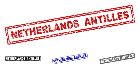 Grunge NETHERLANDS ANTILLES rectangle stamp seals isolated on a white background. Rectangular seals with distress texture in red, blue, black and gray colors.