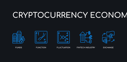 5 outline stroke blue exchange, fintech industry, fluctuation, function, funds icons from cryptocurrency economy collection on black background. line editable linear thin icons.