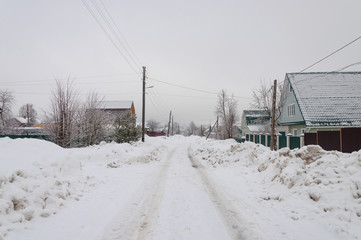 Snowy street in small town