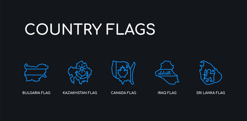 5 outline stroke blue sri lanka flag, iraq flag, canada flag, kazakhstan bulgaria icons from country flags collection on black background. line editable linear thin icons.