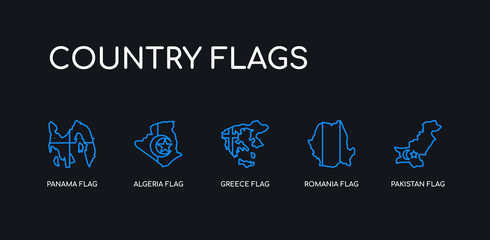 5 outline stroke blue pakistan flag, romania flag, greece flag, algeria panama icons from country flags collection on black background. line editable linear thin icons.