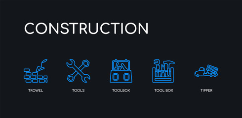 Obraz premium 5 outline stroke blue tipper, tool box, toolbox, tools, trowel icons from construction collection on black background. line editable linear thin icons.