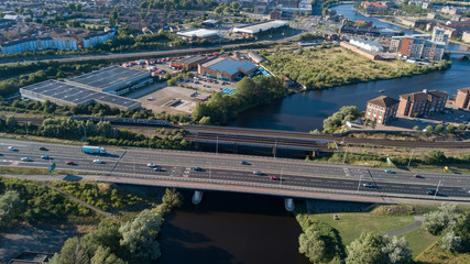 Fototapeta premium The road bridge that spans the river Tees at thornaby Stockton on tees photos taken by a drone