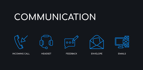 5 outline stroke blue emails, envelope, feedback, headset, incoming call icons from communication collection on black background. line editable linear thin icons.