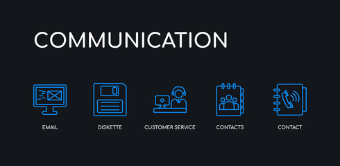 5 outline stroke blue contact, contacts, customer service, diskette, email icons from communication collection on black background. line editable linear thin icons.