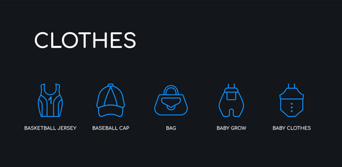 5 outline stroke blue baby clothes, baby grow, bag, baseball cap, basketball jersey icons from clothes collection on black background. line editable linear thin icons.