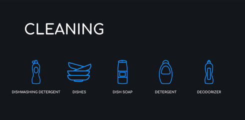 Naklejka premium 5 outline stroke blue deodorizer, detergent, dish soap, dishes, dishwashing detergent icons from cleaning collection on black background. line editable linear thin icons.