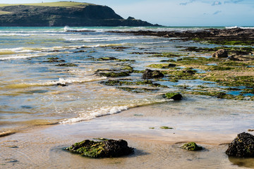 Daymer Bay beach in North Cornwall at low tide, in bright sunlight with seaweed and rockpools.