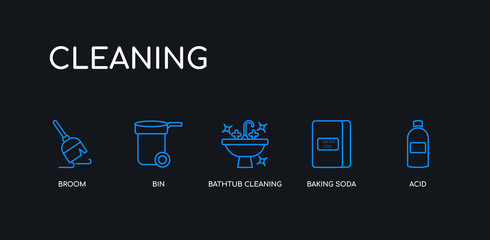 5 outline stroke blue acid, baking soda, bathtub cleaning, bin, broom icons from cleaning collection on black background. line editable linear thin icons.