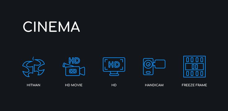 5 outline stroke blue freeze frame, handicam, hd, hd movie, hitman icons from cinema collection on black background. line editable linear thin icons.