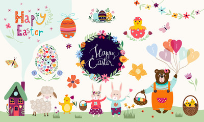 Easter elements collection with floral wreath and hand lettering