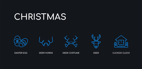5 outline stroke blue cuckoo clock, deer, deer costume, deer horns, easter egg icons from christmas collection on black background. line editable linear thin icons.