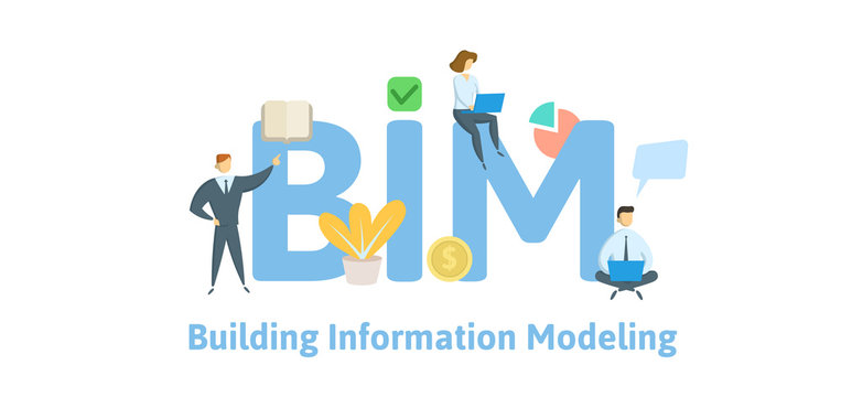 BIM, Building Information Modeling. Concept with keywords, letters and icons. Colored flat vector illustration. Isolated on white background.
