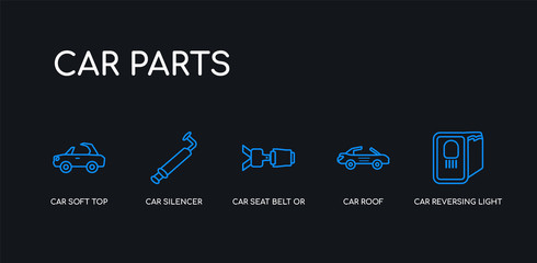 5 outline stroke blue car reversing light, car roof, car seat belt or safety belt, silencer, soft top icons from parts collection on black background. line editable linear thin icons.