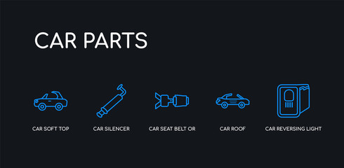 Fototapeta premium 5 outline stroke blue car reversing light, car roof, car seat belt or safety belt, silencer, soft top icons from parts collection on black background. line editable linear thin icons.
