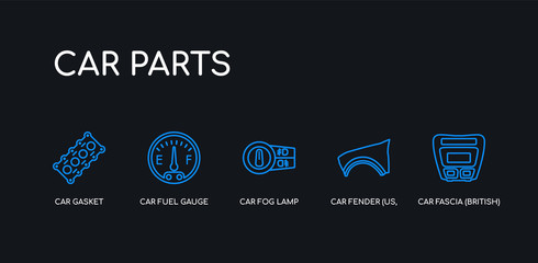 5 outline stroke blue car fascia (british), car fender (us, canadian), car fog lamp, fuel gauge, gasket icons from parts collection on black background. line editable linear thin icons.