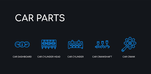 5 outline stroke blue car crank, car crankshaft, car cylinder, cylinder head, dashboard icons from parts collection on black background. line editable linear thin icons.
