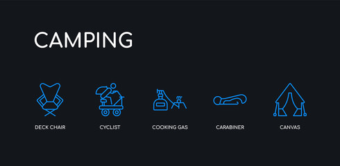 5 outline stroke blue canvas, carabiner, cooking gas, cyclist, deck chair icons from camping collection on black background. line editable linear thin icons.